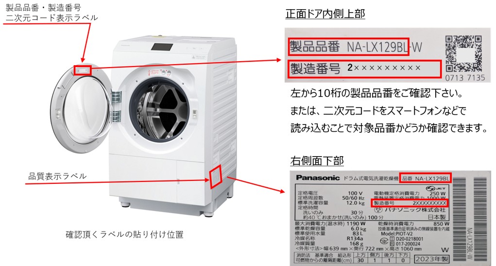 パナソニック ドラム式電気洗濯乾燥機 品番・製造番号の表示ラベルの位置