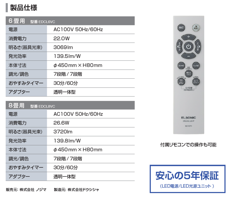 製品仕様。6畳用 EDCL6VC、8畳用 EDCL8VC。付属リモコンでの操作も可能。安心の5年保証。